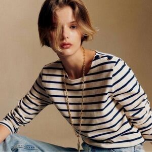 Sézane Colette Marinière Cream and Navy Striped with Shoulder Buttons